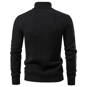 Detail view of the back of a black men's turtleneck knit sweater with vertical ribbing