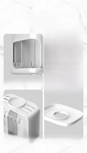 Detail display of kitchen utensil holder with four compartments and drainage holes