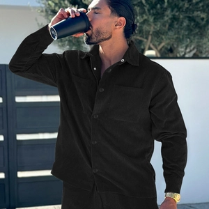 Men Corduroy Shirt Long Sleeve Ribbed Texture Solid Color Chest Pockets Lapel Button Down Casual Urban Fashion Top