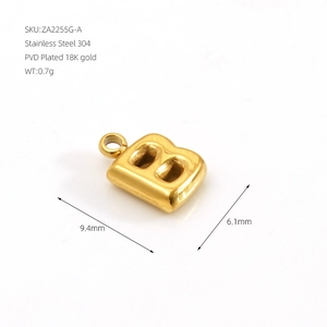 Detail view of 18K gold plated stainless steel letter B bubble pendant with measurements