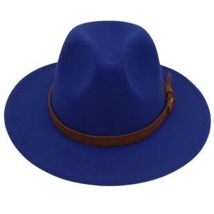 Detailed view of the dark blue fedora hat featuring a brown leather belt and metal buckle