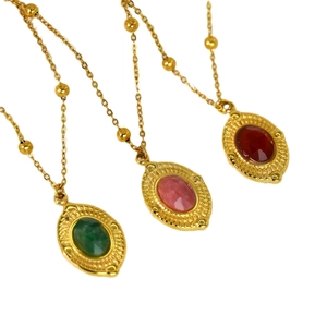 French retro 14K gold plated necklace with colorful natural stone oval pendants