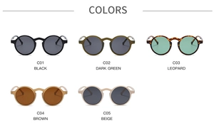 Multiple color options for round vintage sunglasses including black, green, and leopard