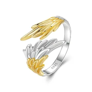 S925 Sterling Silver Two-Tone Wing Open Ring For Men Women Personalized Feather Adjustable Gold Silver Plated Jewelry Ring