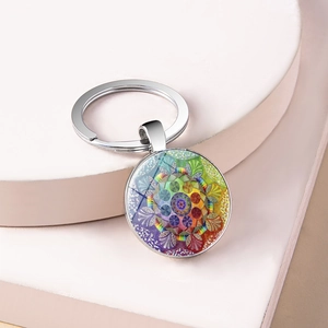 Macro detail of mandala glass cabochon pendant with silver metal keychain ring