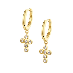 Detail of gold hoop earrings with bezel-set cubic zirconia cross pendants on white background