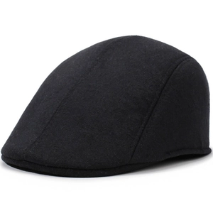 Side view of black brushed plaid ivy cap showing high-quality wool texture and stitching