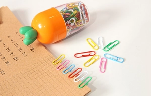 Close-up of a creative carrot-shaped storage box with colorful metal paper clips
