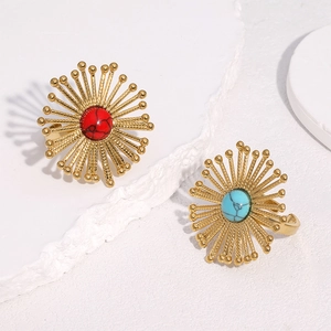 Radiant Sun Flower Open Ring Stainless Steel 18K Gold Plated Synthetic Stone Adjustable Bohemian Jewelry For Women