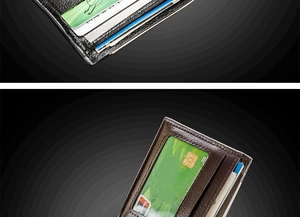 Macro detail of men's short leather wallet showing litchi texture and card slots