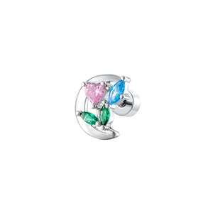 Silver heart zircon ear stud with pink and blue stones for a minimalist piercing look