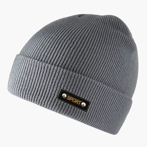 Dark grey ribbed knit beanie with leather SPORT patch and metal rivets for winter