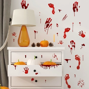Realistic Halloween wall stickers with red blood handprints and footprints for decor