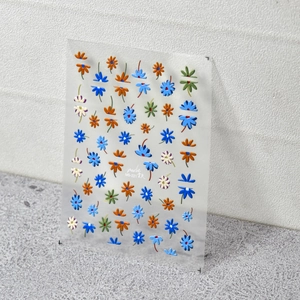 3D embossed daisy nail stickers MS-221 with blue and orange flowers on transparent sheet