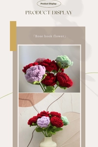 Detailed close-up of handmade crochet roses in red, purple and mint green colors
