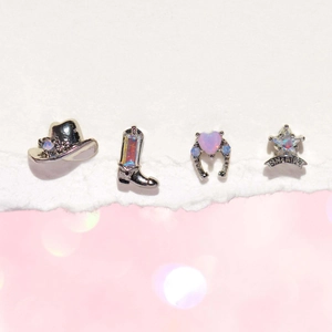 Western cowboy style silver stud earrings set featuring sheriff star and denim boots