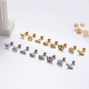 Stainless steel butterfly and crown ear studs with zircon in gold and silver finish