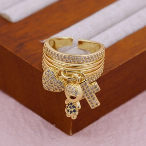 18K gold plated multi-layer open ring with heart, boy and cross zircon charms