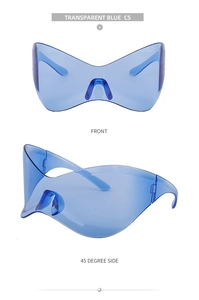 Front and side view of transparent blue Y2K wraparound oversized rimless sunglasses