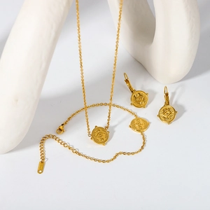 Detail of gold-plated stainless steel Evil Eye jewelry set with starburst engraving