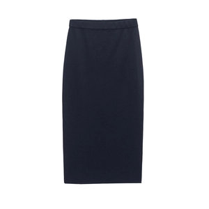 Navy blue knitted midi pencil skirt with a minimalist slim fit and elastic waist