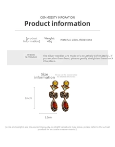 Detail of vintage oval earrings with colorful rhinestones and 8.4cm length measurement