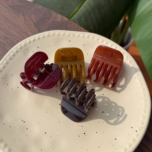 Set of four jelly-colored acrylic hair claws in warm tones on a white ceramic plate