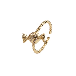 Adjustable gold candy ring with paved cubic zirconia and twisted rope band