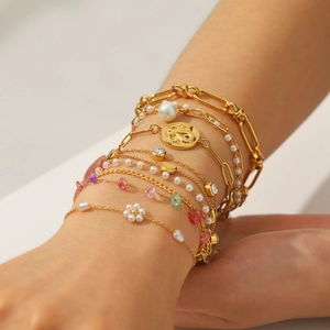 Pulsera De Acero Inoxidable Chapado En Oro 18K Corazón Perla Artificial Estrella Moneda Ajustable Joyería Moda Para Mujer