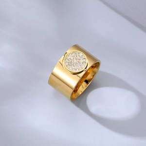 Fashionable gold wide band ring with a sparkling circular zircon micro-pave centerpiece