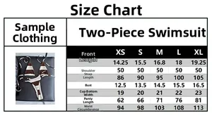 Detailed size chart for two-piece color-block bikini showing XS-XL measurements in cm