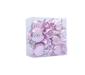 Pink Christmas ornaments set with lollipops and candies in a transparent PVC gift box