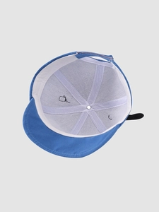Internal view of blue baby sun hat showing cotton stitching and breathable eyelets