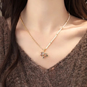 Gold plated pearl and zircon horse necklace with a multicolored geometric map pendant