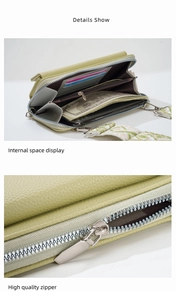 Detail showing the internal multi-layer storage and premium silver zipper of the green wallet