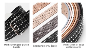 Close-up of punk leather belts with star punch holes, metal rivets and pin buckles