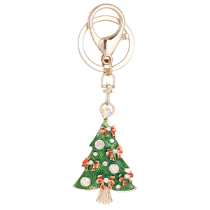 Christmas tree keychain with green enamel, red bow and colorful rhinestones on gold alloy
