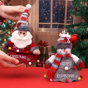 Christmas snowman and Santa plush gift bags with knitted fabric and hanging ropes