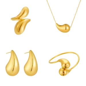 Polished gold stainless steel teardrop jewelry set including ring, necklace, and earrings