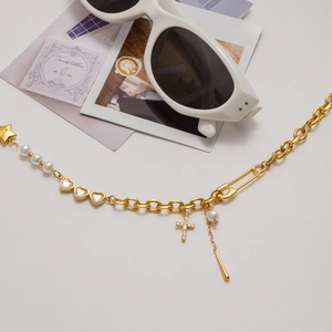 Gold stainless steel paperclip chain necklace with cross pendant and pearl accents