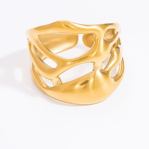 Modern 18k gold plated stainless steel ring with abstract hollow design and glossy finish