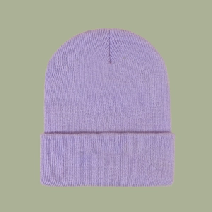 Close-up of the fine knit texture and rolled cuff on a lavender beanie for autumn