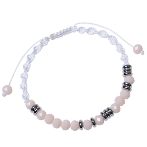 Detail of pink crystal beaded bracelet with silver spacers and adjustable woven cord