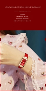 Close-up of elegant square quartz watch with red leather strap and diamond-set gold case