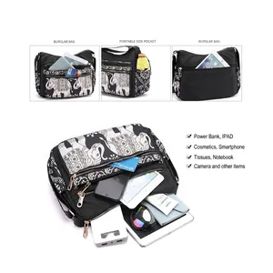 Borsa a tracolla in nylon con stampa elefante, tasche multiple e grande capienza