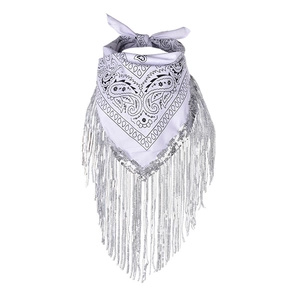 Detail of lavender paisley bandana with glittering long silver fringe for party wear