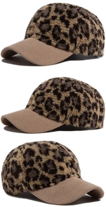 Three views of faux fur leopard print baseball cap with khaki corduroy brim detail