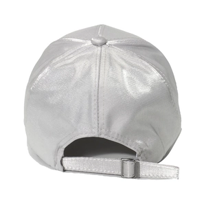 Rear view of silver metallic baseball cap featuring adjustable back buckle and silk sheen