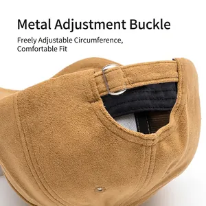 Brown faux suede baseball cap featuring an adjustable metal back buckle for custom fit
