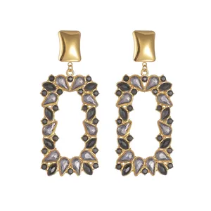 Luxury Stainless Steel Square Pendant Earrings For Women Vintage Hollow Geometric Rhinestone Inlaid Drop Earrings Party Jewelry